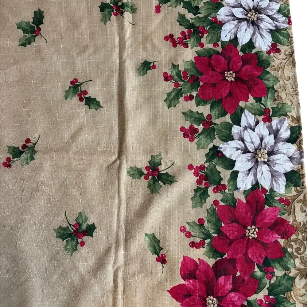 Christmas Tablecloth golden with red poinsettias border print buffet sized cloth